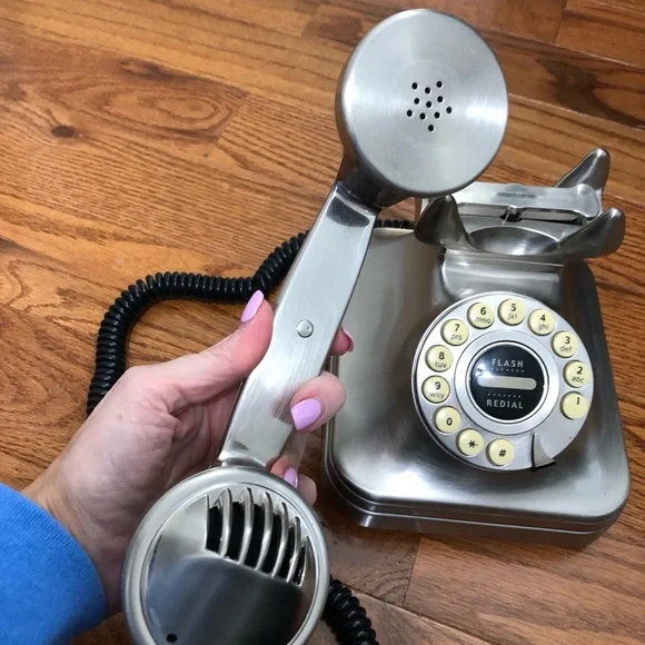 Pottery Barn Retro Grand Phone Brushed Silver Push Button Desktop Telephone - Picture 3 of 4